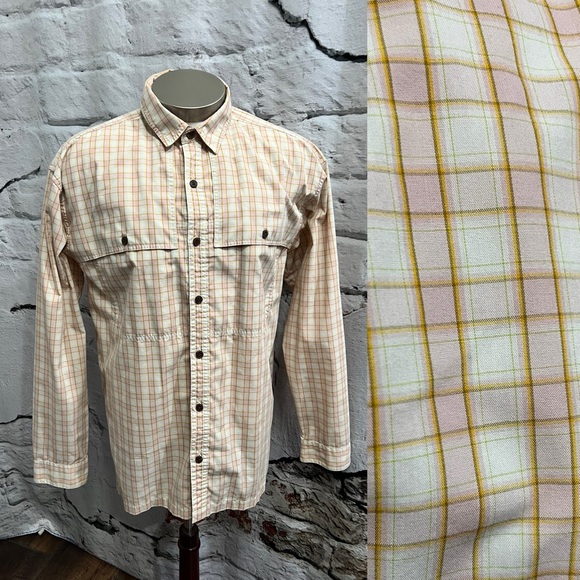 Patagonia Long-Sleeved Island Hopper Shirt Pink Gold Green Cream Plaid Pockets - Picture 2 of 7